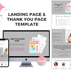 Może przedstawiać: Projekt makiety strony docelowej i strony podziękowania za magnes na leady. Strona docelowa ma szare tło z białym tytułem, który brzmi "Your Title Goes Here". Strona podziękowania ma szare tło z białym tytułem, który brzmi "This lead magnet will help you to". Obie strony zawierają różowo-białą grafikę z ustawieniami celów. Tekst "Download Now!" pojawia się na obu stronach.