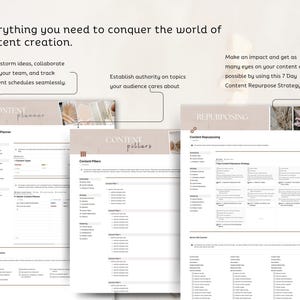 May include: Three printable worksheets for content planning, content pillars, and content repurposing. The worksheets are designed to help you create and manage your content strategy.