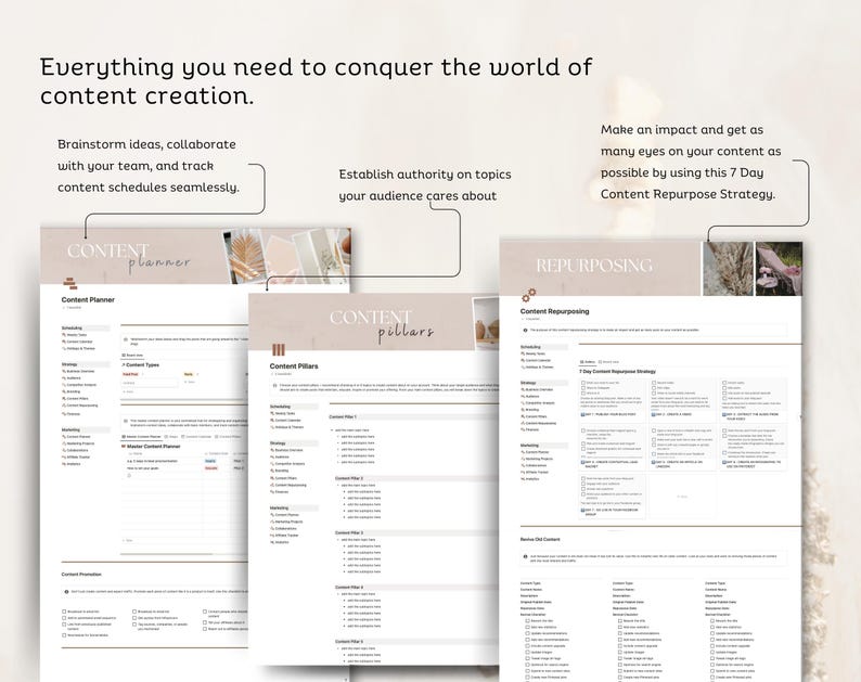May include: Three printable worksheets for content planning, content pillars, and content repurposing. The worksheets are designed to help you create and manage your content strategy.