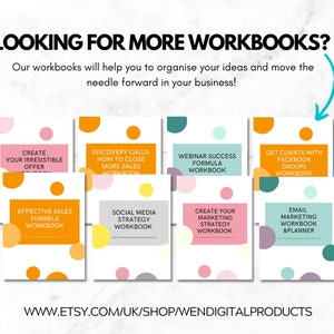 Puede incluir: Una colecci&oacute;n de cuadernos de trabajo con t&iacute;tulos como "Crea tu oferta irresistible" y "Cuaderno de trabajo y planificador de marketing por correo electr&oacute;nico". La imagen incluye el texto "&iquest;Buscas m&aacute;s cuadernos de trabajo?" y la URL de la tienda Etsy.