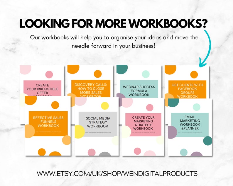 Puede incluir: Una colecci&oacute;n de cuadernos de trabajo con t&iacute;tulos como "Crea tu oferta irresistible" y "Cuaderno de trabajo y planificador de marketing por correo electr&oacute;nico". La imagen incluye el texto "&iquest;Buscas m&aacute;s cuadernos de trabajo?" y la URL de la tienda Etsy.