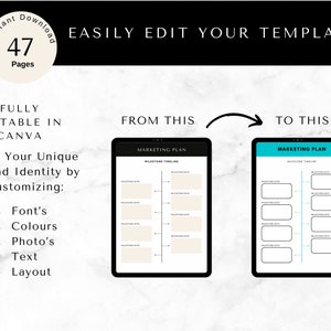 May include: A digital marketing plan template with a timeline for milestones. The template is shown in two versions, one with a white background and one with a blue background. The text "MARKETING PLAN" is at the top of both versions. The text "MILESTONE TIMELINE" is below the title. The template is fully editable in Canva.