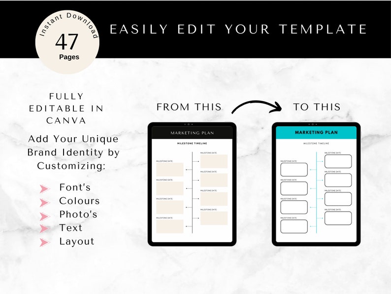 May include: A digital marketing plan template with a timeline for milestones. The template is shown in two versions, one with a white background and one with a blue background. The text "MARKETING PLAN" is at the top of both versions. The text "MILESTONE TIMELINE" is below the title. The template is fully editable in Canva.