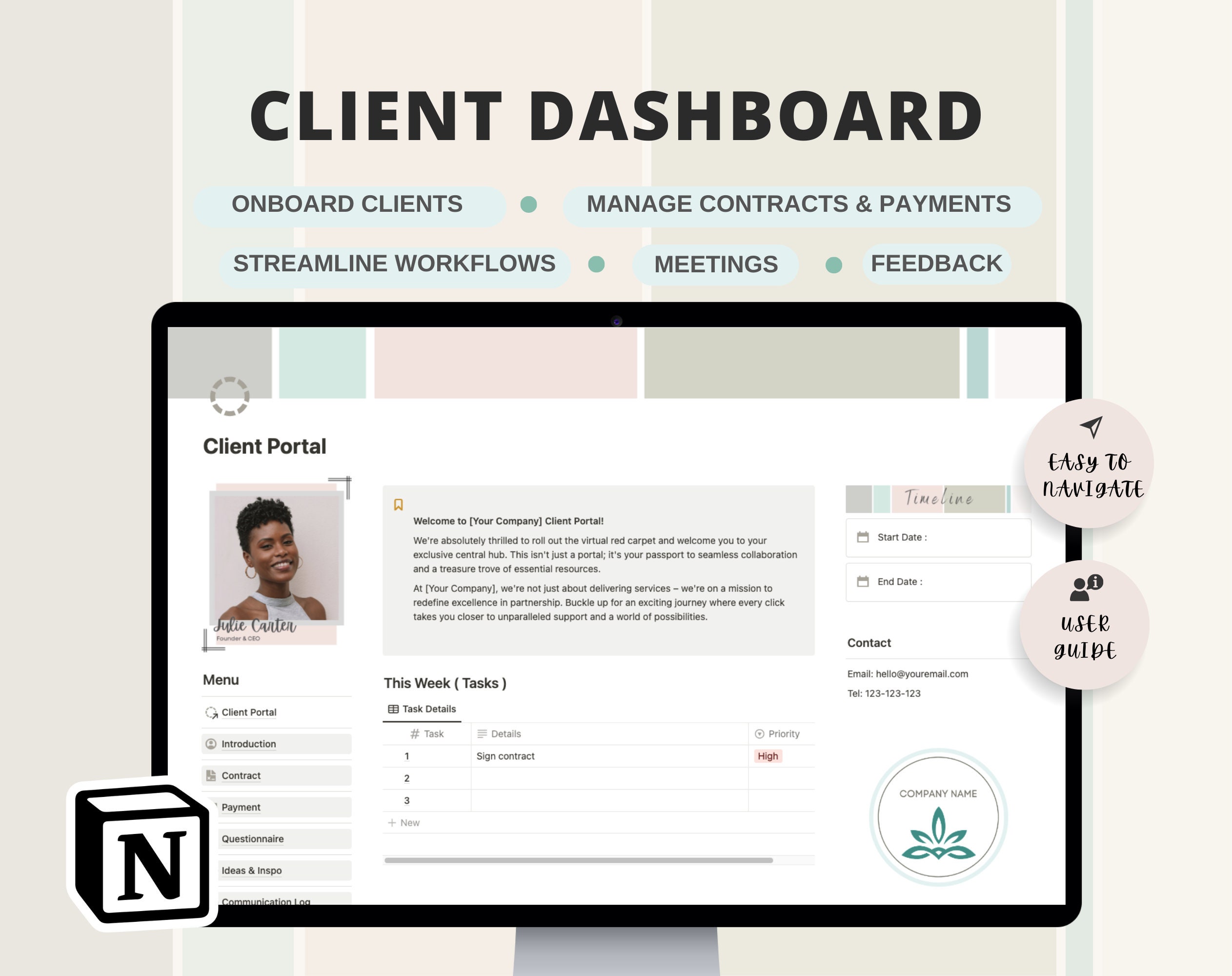 Client Dashboard Notion, Client Portal Notion, CRM, Project Management ...