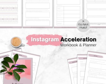 May include: A pink and white workbook and planner with the text "Instagram Acceleration Workbook & Planner" and "28 Fillable Pages!"  The workbook is designed to help users grow their Instagram presence.
