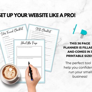 Op de afbeelding: Een printbare checklist voor het opzetten van een website. De checklist bevat secties voor een sales funnel, SEO en een over mij-pagina. De checklist is 36 pagina's lang en is verkrijgbaar in drie printbare formaten. De tekst op de afbeelding luidt "Zet je website op als een professional!"