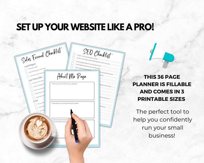 Op de afbeelding: Een printbare checklist voor het opzetten van een website. De checklist bevat secties voor een sales funnel, SEO en een over mij-pagina. De checklist is 36 pagina's lang en is verkrijgbaar in drie printbare formaten. De tekst op de afbeelding luidt "Zet je website op als een professional!"