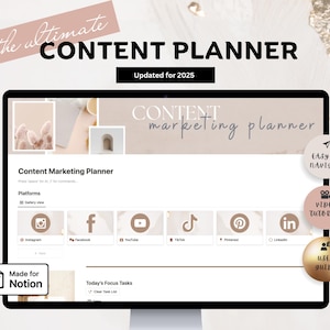 May include: A computer screen displaying a content marketing planner template for the year 2025. The template is designed for the Notion app and includes sections for different social media platforms, a to-do list, and a video tutorial. The screen is surrounded by a light pink and gold background.
