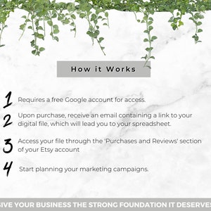 Op de afbeelding: Een witte marmeren achtergrond met groene wijnstokken die van boven hangen. De tekst "How it Works" staat in een grijze box. Een genummerde lijst legt uit hoe je na aankoop toegang krijgt tot een digitaal bestand. De tekst "GIVE YOUR BUSINESS THE STRONG FOUNDATION IT DESERVES!" staat onderaan de afbeelding.