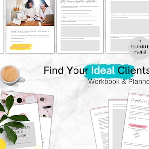 Puede incluir: Un cuaderno de trabajo y planificador titulado "Find Your Ideal Clients" con el texto "Workbook & Planner" debajo. La portada presenta una taza de café, vegetación y un círculo amarillo. El cuaderno tiene 19 páginas rellenables.