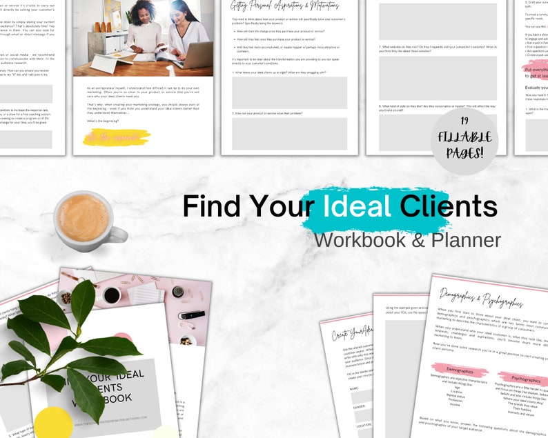 Puede incluir: Un cuaderno de trabajo y planificador titulado "Find Your Ideal Clients" con el texto "Workbook & Planner" debajo. La portada presenta una taza de caf&eacute;, vegetaci&oacute;n y un c&iacute;rculo amarillo. El cuaderno tiene 19 p&aacute;ginas rellenables.