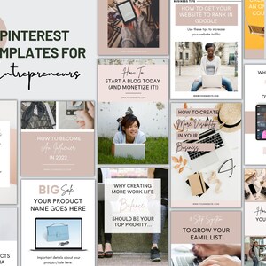 K&ouml;nnte beinhalten: Eine Collage aus 10 Pinterest-Vorlagen f&uuml;r Unternehmer, mit Tipps zum Starten eines Blogs, zum Wachsen eines YouTube-Kanals, zum Influencer werden, zum Schaffen einer besseren Work-Life-Balance und zum Aufbau einer E-Mail-Liste. Die Vorlagen sind im minimalistischen Stil mit einem rosa und wei&szlig;en Farbschema gestaltet.