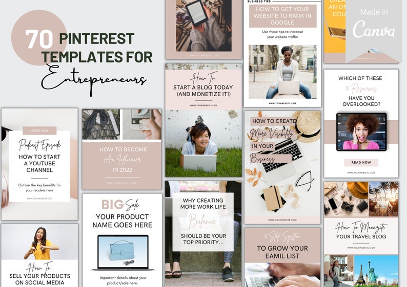 K&ouml;nnte beinhalten: Eine Collage aus 10 Pinterest-Vorlagen f&uuml;r Unternehmer, mit Tipps zum Starten eines Blogs, zum Wachsen eines YouTube-Kanals, zum Influencer werden, zum Schaffen einer besseren Work-Life-Balance und zum Aufbau einer E-Mail-Liste. Die Vorlagen sind im minimalistischen Stil mit einem rosa und wei&szlig;en Farbschema gestaltet.