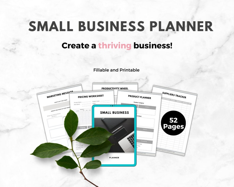 May include: A black and white printable small business planner with 52 pages. The planner includes worksheets for marketing messages, pricing, productivity, product planning, and supplier tracking. The planner is fillable and printable.
