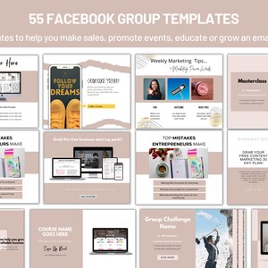 K&ouml;nnte beinhalten: Eine Collage aus 10 verschiedenen Facebook-Gruppenvorlagen mit einem rosa-goldenen Farbschema. Die Vorlagen zeigen verschiedene Themen wie Marketingtipps, Business-Startpakete und Content-Marketing-Pl&auml;ne. Der Text "55 Facebook-Gruppenvorlagen" befindet sich oben im Bild.