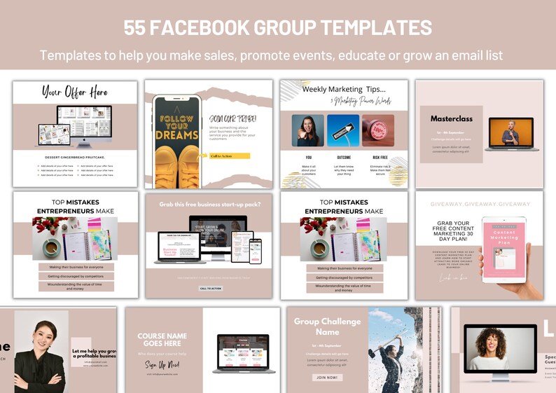 K&ouml;nnte beinhalten: Eine Collage aus 10 verschiedenen Facebook-Gruppenvorlagen mit einem rosa-goldenen Farbschema. Die Vorlagen zeigen verschiedene Themen wie Marketingtipps, Business-Startpakete und Content-Marketing-Pl&auml;ne. Der Text "55 Facebook-Gruppenvorlagen" befindet sich oben im Bild.