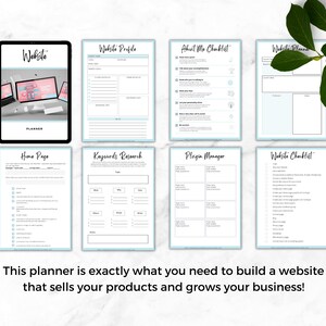 Op de afbeelding: Een websiteplanner met een lichtblauw en wit ontwerp. De planner bevat secties voor websiteprofiel, over mij checklist, websiteplan, startpagina, trefwoordenonderzoek, pluginmanager en websitechecklist.
