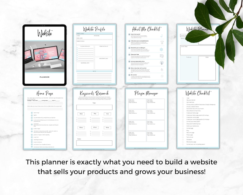 Op de afbeelding: Een websiteplanner met een lichtblauw en wit ontwerp. De planner bevat secties voor websiteprofiel, over mij checklist, websiteplan, startpagina, trefwoordenonderzoek, pluginmanager en websitechecklist.