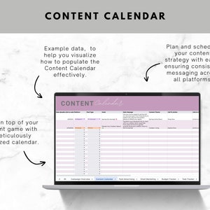Op de afbeelding: Een laptopscherm met een contentkalender-sjabloon met koppen voor datum, platform, posttype, hoofdbericht, contentthema, call-to-action en links naar sociale media. De tekst "CONTENT Calendar" staat bovenaan het scherm.