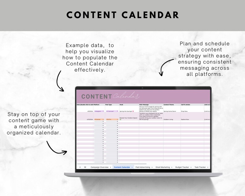 Op de afbeelding: Een laptopscherm met een contentkalender-sjabloon met koppen voor datum, platform, posttype, hoofdbericht, contentthema, call-to-action en links naar sociale media. De tekst "CONTENT Calendar" staat bovenaan het scherm.