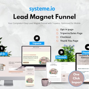 Pode incluir: Um funil de &iacute;m&atilde; de leads de quatro etapas com um esquema de cores rosa e branco. O funil inclui uma p&aacute;gina de inscri&ccedil;&atilde;o, uma p&aacute;gina de tripwire, uma p&aacute;gina de checkout e uma p&aacute;gina de agradecimento. O texto "systeme.io" est&aacute; no topo da imagem. O texto "Lead Magnet Funnel" est&aacute; abaixo do nome do site. O texto "Your Complete 4 Step Lead Magnet Funnel with Tripwire, Optimized for Mobile" est&aacute; abaixo do t&iacute;tulo. O texto "Opt-in page", "Tripwire/Sales Page", "Checkout" e "Thank You Page" s&atilde;o listados com marcas de verifica&ccedil;&atilde;o ao lado. O texto "Opt-in", "Tripwire", "Checkout" e "Thank you" est&atilde;o em c&iacute;rculos com os n&uacute;meros de 1 a 4 ao lado. O texto "Unlock Exclusive Access to [Product Name] for Just $7" est&aacute; na p&aacute;gina de tripwire. O texto "Add your compelling title here" est&aacute; na p&aacute;gina de inscri&ccedil;&atilde;o. O texto "Thanks! You're Awesome!" est&aacute; na p&aacute;gina de agradecimento. O texto "Here's what to do next..." est&aacute; na p&aacute;gina de agradecimento. O texto "One Click Import" est&aacute; na p&aacute;gina de agradecimento.