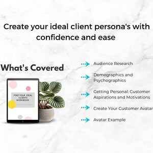 Puede incluir: Imagen con el texto "Crea la personalidad de tu cliente ideal con confianza y facilidad" y "Qu&eacute; se cubre". Incluye una tableta con el texto "Encuentra tu cuaderno de trabajo de clientes ideales", una planta en maceta y vi&ntilde;etas con texto.