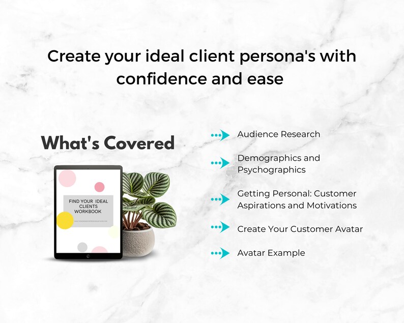 Puede incluir: Imagen con el texto "Crea la personalidad de tu cliente ideal con confianza y facilidad" y "Qu&eacute; se cubre". Incluye una tableta con el texto "Encuentra tu cuaderno de trabajo de clientes ideales", una planta en maceta y vi&ntilde;etas con texto.
