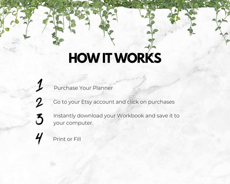 Puede incluir: Fondo blanco marmolado con vides verdes en la parte superior. El texto "HOW IT WORKS" est&aacute; en negrita negra. Los pasos numerados explican el proceso: Comprar planificador, ir a Etsy, descargar el cuaderno y imprimir o rellenar.