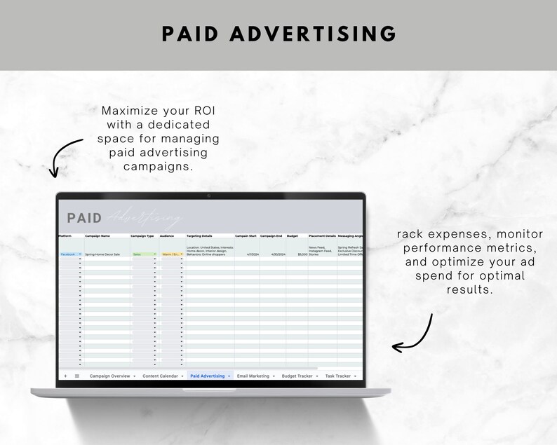 Op de afbeelding: Een laptopscherm dat een spreadsheet toont met de titel "PAID Advertising". De spreadsheet heeft kolommen voor platform, campagne naam, campagne type, publiek, targeting levels, campagne start, plaatsingsdetails, messaging strategie, campagne budget en campagne link. De spreadsheet wordt gebruikt om betaalde advertentiecampagnes bij te houden en te beheren.