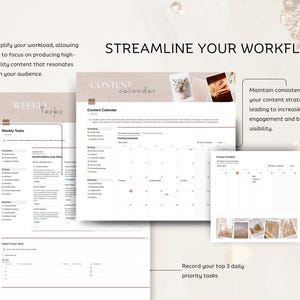 May include: A printable content calendar planner with sections for weekly tasks, content calendar, and posting schedule. The planner has a minimalist design with a beige background and black text. The text "STREAMLINE YOUR WORKFLOW" is at the top of the page.