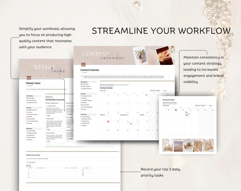 May include: A printable content calendar planner with sections for weekly tasks, content calendar, and posting schedule. The planner has a minimalist design with a beige background and black text. The text "STREAMLINE YOUR WORKFLOW" is at the top of the page.