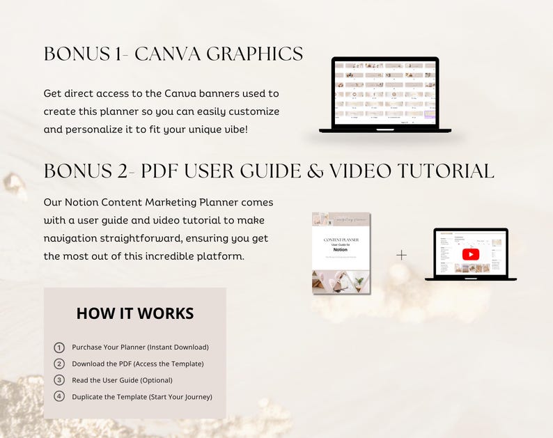May include: A digital marketing planner for Notion with Canva graphics, a PDF user guide, and a video tutorial. The image shows a laptop with a video tutorial playing on the screen, a PDF user guide, and a laptop with Canva graphics on the screen. The text "BONUS 1 - CANVA GRAPHICS" and "BONUS 2 - PDF USER GUIDE & VIDEO TUTORIAL" is displayed on the image.