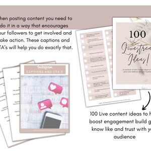 K&ouml;nnte beinhalten: Eine rosa-wei&szlig;e druckbare Checkliste mit dem Text "100 Livestream Ideas!" und "A checklist of LIVE Content Ideas to help grow your audience and your business!" Die Checkliste befindet sich auf einem wei&szlig;en Hintergrund mit einem floralen Design.