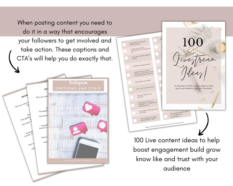 K&ouml;nnte beinhalten: Eine rosa-wei&szlig;e druckbare Checkliste mit dem Text "100 Livestream Ideas!" und "A checklist of LIVE Content Ideas to help grow your audience and your business!" Die Checkliste befindet sich auf einem wei&szlig;en Hintergrund mit einem floralen Design.