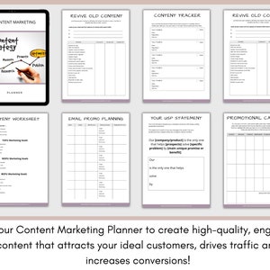 K&ouml;nnte beinhalten: Ein Content-Marketing-Planer mit Arbeitsbl&auml;ttern zum Erstellen, Recherchieren, Ver&ouml;ffentlichen und Bewerben von Inhalten. Der Planer enth&auml;lt Abschnitte f&uuml;r die Content-Strategie, die Planung von E-Mail-Promo-Aktionen, Ihr USP-Statement und einen Promotion-Kalender.