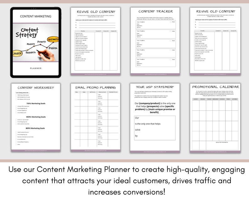 K&ouml;nnte beinhalten: Ein Content-Marketing-Planer mit Arbeitsbl&auml;ttern zum Erstellen, Recherchieren, Ver&ouml;ffentlichen und Bewerben von Inhalten. Der Planer enth&auml;lt Abschnitte f&uuml;r die Content-Strategie, die Planung von E-Mail-Promo-Aktionen, Ihr USP-Statement und einen Promotion-Kalender.