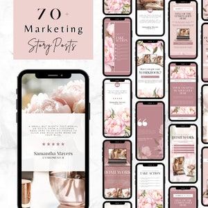 May include: A collage of 12 pink and white floral themed Instagram story templates for marketing. The text on the templates includes "Take Action", "Homework", "Your Amazing Header Goes Here", and "Have you got your Workbook?"