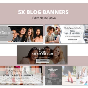 K&ouml;nnte beinhalten: F&uuml;nf editierbare Blog-Banner-Vorlagen in Canva mit grauem Hintergrund und wei&szlig;em Text&uuml;berlagerung. Der Text lautet "Wertvolle Tipps und Ratschl&auml;ge f&uuml;r Ihr Zielpublikum" und "Hilft Ihnen, Schmerzpunkte zu l&ouml;sen". Die Banner zeigen verschiedene Bilder von Menschen und B&uuml;chern.