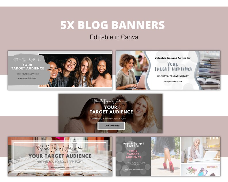 K&ouml;nnte beinhalten: F&uuml;nf editierbare Blog-Banner-Vorlagen in Canva mit grauem Hintergrund und wei&szlig;em Text&uuml;berlagerung. Der Text lautet "Wertvolle Tipps und Ratschl&auml;ge f&uuml;r Ihr Zielpublikum" und "Hilft Ihnen, Schmerzpunkte zu l&ouml;sen". Die Banner zeigen verschiedene Bilder von Menschen und B&uuml;chern.