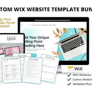 May include: A computer screen displaying a Wix website template with the text "Add Your Unique Selling Point Heading Here". The screen is surrounded by a blue background with fall leaves. Below the screen are four printable checklists: "Another Biz", "On Page SEO Checklist", "Service Page SEO Checklist", and "About Me Page". The image also includes the Wix logo and a list of included items: "Wix Website Template", "Canva Website Images", and "Website Planner".