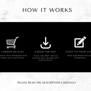 May include: A black and white graphic showing three steps to customize a template. The first step is to order on Etsy, the second step is to open the PDF, and the third step is to edit to your liking. The graphic includes icons for a shopping cart, a download arrow, and a pencil in a square.