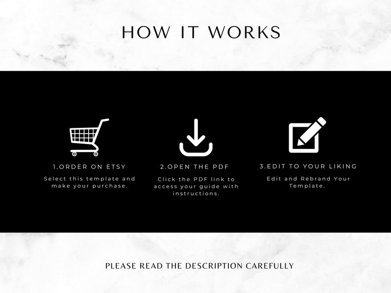 May include: A black and white graphic showing three steps to customize a template. The first step is to order on Etsy, the second step is to open the PDF, and the third step is to edit to your liking. The graphic includes icons for a shopping cart, a download arrow, and a pencil in a square.