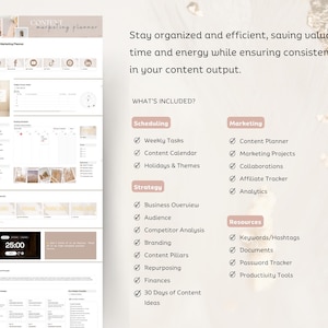 May include: A content marketing planner with a pink and white color scheme. The planner includes sections for scheduling, strategy, marketing, and resources. The planner is designed to help users stay organized and efficient with their content marketing.