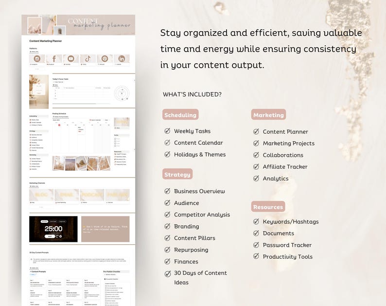 May include: A content marketing planner with a pink and white color scheme. The planner includes sections for scheduling, strategy, marketing, and resources. The planner is designed to help users stay organized and efficient with their content marketing.