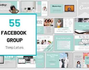 Può includere: Una collezione di 55 modelli di gruppi Facebook con uno schema di colori verde acqua e grigio. I modelli presentano immagini di persone, laptop e testo. Il testo include "55 modelli di gruppi Facebook", "Benvenuti al gruppo Nome", "Masterclass", "Andiamo in diretta!" e "Commercio in diretta".