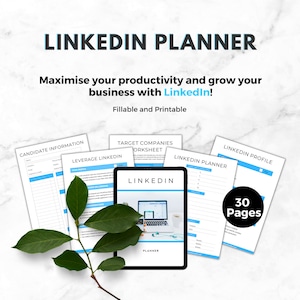 Könnte beinhalten: Ein digitaler Planer für LinkedIn mit 30 Seiten. Der Planer soll Nutzern helfen, ihre Produktivität zu maximieren und ihr Geschäft auf LinkedIn auszubauen. Der Planer ist ausfüllbar und druckbar. Das Bild zeigt ein Tablet, auf dem der Planer angezeigt wird, sowie mehrere andere Seiten aus dem Planer.