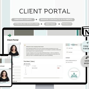 May include: A computer screen and a mobile phone display a mockup of a client portal website. The website has a green and gray color scheme and features a timeline, contact information, and a section for tasks. The text on the screen reads "Client Portal" and "Easy to Navigate".