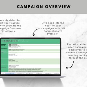 Op de afbeelding: Een groen en wit laptopscherm waarop een spreadsheet wordt weergegeven met de titel "Campagneoverzicht". De spreadsheet is verdeeld in kolommen met koppen zoals "Campagnenaam", "Bedrijfstype", "Campagnedoel", "Doelgroep", "KPI's", "Kanalen" en "Contentplan". De spreadsheet is gevuld met voorbeeldgegevens, zoals "Online winkel openen", "Websiteverkeer verhogen", "Integraties in huis", "Ontwerpproject", "1 april 2023", "Verenigde Staten", "Social Media (Instagram, Pinterest, Facebook)", "E-mailmarketing" en "Lentepromotie lanceren".