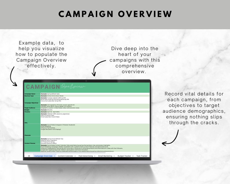 Op de afbeelding: Een groen en wit laptopscherm waarop een spreadsheet wordt weergegeven met de titel "Campagneoverzicht". De spreadsheet is verdeeld in kolommen met koppen zoals "Campagnenaam", "Bedrijfstype", "Campagnedoel", "Doelgroep", "KPI's", "Kanalen" en "Contentplan". De spreadsheet is gevuld met voorbeeldgegevens, zoals "Online winkel openen", "Websiteverkeer verhogen", "Integraties in huis", "Ontwerpproject", "1 april 2023", "Verenigde Staten", "Social Media (Instagram, Pinterest, Facebook)", "E-mailmarketing" en "Lentepromotie lanceren".