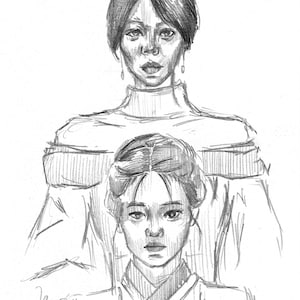 Puede incluir: Un dibujo a lápiz de dos mujeres con cabello oscuro. La mujer en primer plano lleva un hanbok coreano tradicional. La mujer en el fondo lleva una blusa de cuello alto y hombros descubiertos.